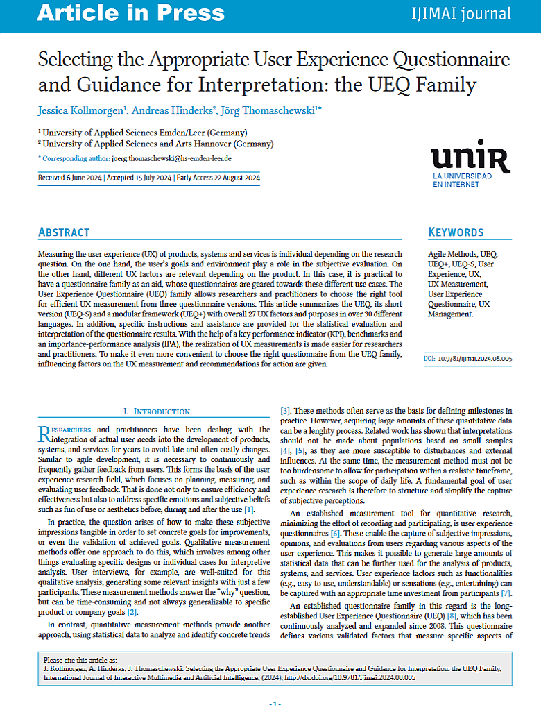 Artikel Auswahl des geeigneten UX-Fragebogens aus der UEQ-Familie